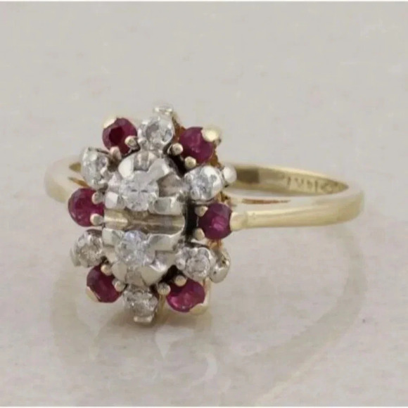14k Yellow Gold & White Gold Natural Diamond and Ruby Ring Size 5 - Picture 7 of 9